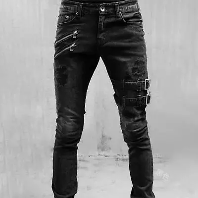 Men's Biker Pants Fashion Buckle Punk Skinny Ripped Jeans Casual Denim Trousers • $30.72