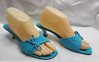 Mootsies Tootsies Sandals 2  Kitten Heels Aqua Fabric Uppers Women's 8M     92l4 • $18.50