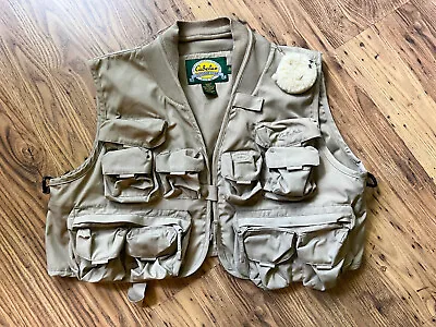 CABELA'S LG Fly Fishing VEST Many Pockets Front Back Inside 19.5” Long Khaki • $25