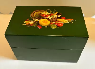 Vintage Tin Recipe Box Green W/Vegetable Basket Decal 5  X 3.5  • $20