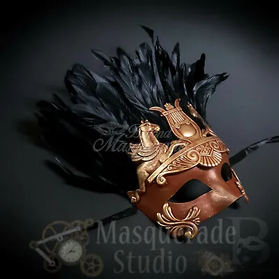 Mens Hercules Roman Warrior Feathered Venetian Masquerade Mask [Red/Gold] • $24.95