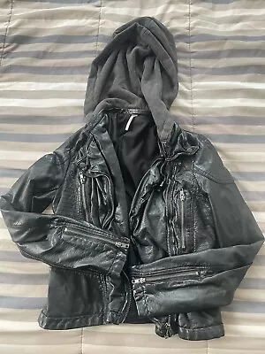 Free People Washed Black Vegan Leather Moto Jacket Size 4 • $59.99