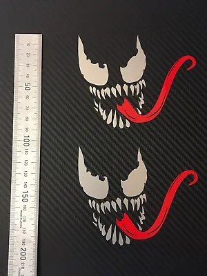 (X2) Venom Face Stickers Decals Car Bike Helmet 110x90mm Gloss Silver & Red • £5.99
