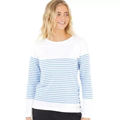 Crew Clothing Womens Cassie Stripe Slub Button Long Sleeve Top White​Cornflower • £27.99