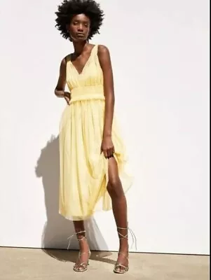 Zara Tulle Peplum Halter V-Neck Yellow Midi Dress Women's Size Small NWT • $34.99