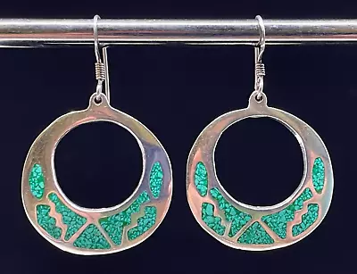 Vintage Sterling Silver Dangle Drop Earrings Turquoise Chip Inlay TAXCO Mexico • $29.95