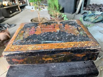 Antique Indian Mughal Darbar & Deer Running Hand Painted Beautiful Wooden Box • $419.30