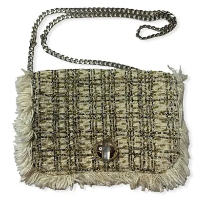 Zara Green Beaded Tweed Clutch Bag Fringe Metal Chain • $29.86