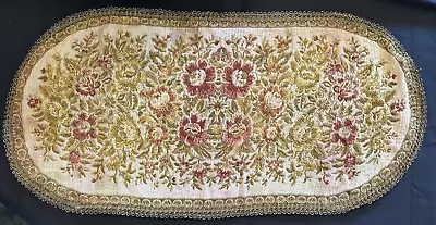 Belgium Tapestry 25  Oval Doily W/Gold Metallic Lace Hollywood Regency Vintage • $9.95