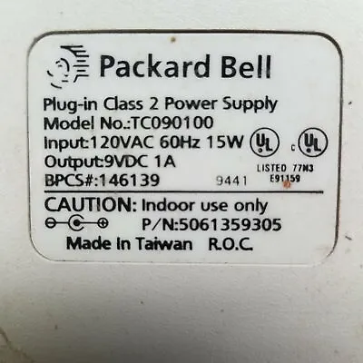 Packard Bell AC Adapter Power Supply TC090100 P/N: 5061359305 Output 9VDC 1A • $11.02