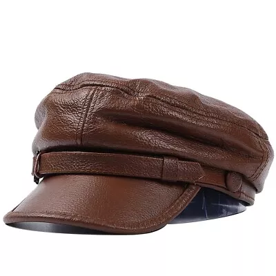 Real Leather Hat Cowhide Casual Hats For Men Beret Flat Warm Biker Windproof Cap • $28.49