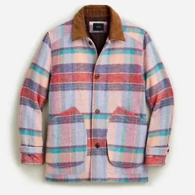 Euc Men's J Crew Plaid English Wool Barn Jacket In Pink Madras Print Xs • $195