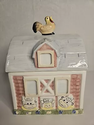 Vintage Barn Cookie Jar With Rooster On Lid Barn Animals  12. In Tall • $35