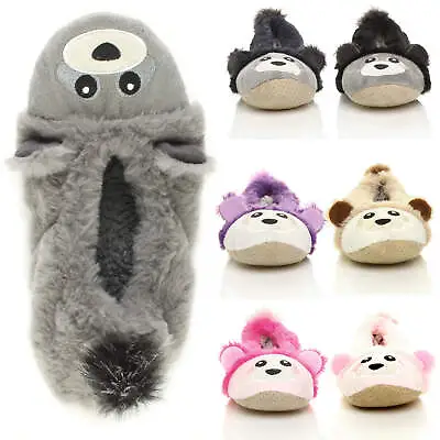 Womens Ladies Elastic Slip On Novelty Cosy Fur Bear Raccoon Slippers Socks Size • £3.99