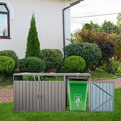 Garbage Bin Shed Stores 3 Trash Cans Metal Outdoor Bin Shed Grey NEW • $308