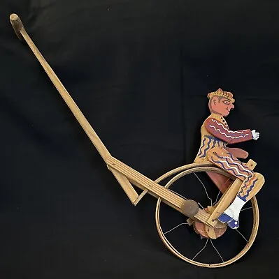 Antique Wooden Push Toy Of Man On Velocipede With Bell That Rings When Pushed • $110