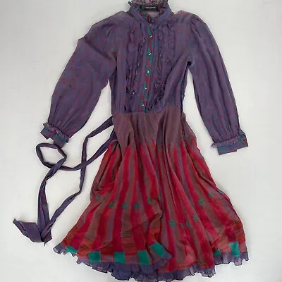 Louis Feraud Dress 36 8 Purple Red Long Sleeve Midi Mesh Sheer Tie Waist Paris • £35.89