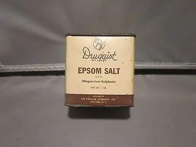 Vintage Druggist Brand Epsom Salt Full  Tin With Lid 4  By 4  By 2 1/2  1 Pound • $15.19
