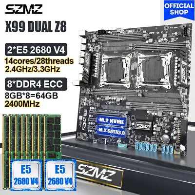 SZMZ X99 DUAL Motherboard Combo With 2* Xeon E5 2680 V4 CPU & 8*8GB DDR4 ECC RAM • $708.24