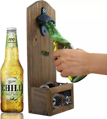 Wooden Bottle Opener Wall Mounted With Cap Catcher Gifts For Men And Beer Lover • $20.33