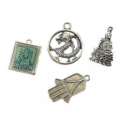 Altered Art India Themed Bead Drop Charms Set Stamp Quan Yin Dragon Fatima Hand • $3.99