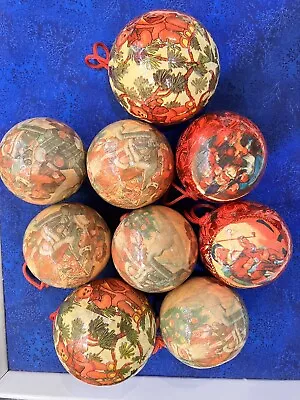 Vintage Christmas Decorations Paper Mache 9 Ornament Baubles Balls Christmas Tre • $25