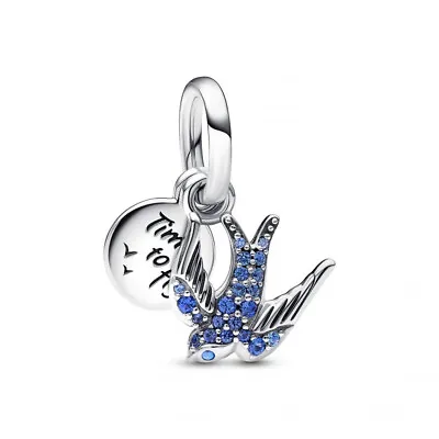 PANDORA Sparkling Swallow & Quote Double Silver Dangle Charm - 792570C01 • £23.72