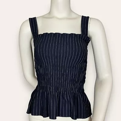 Zara Shirred Tank Top Dark Blue Striped Sleeveless Women Smocked Peplum • $23