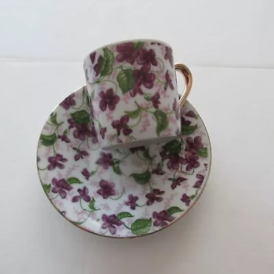 Lefton Royal Violet Chintz Demitasse Cup & Saucer Signed 10027 Gold Trim Violets • $18