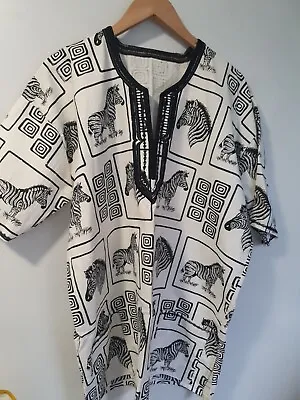 African Dashiki Shirt Hello Zebras All Over Print One Size 50  Chest Vintage  • £29.95