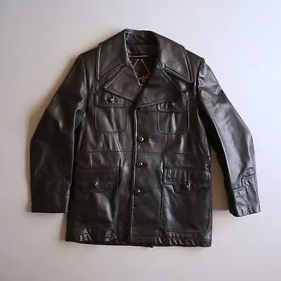 Vtg Black Leather Safari Jacket 70s Disco Retro Belted Mens 38 Lined • $75