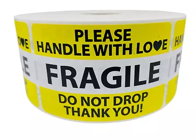 Fragile Labels Yellow Handle W/ Love Do Not Drop Thank You | 2 X3  | 1 RL /100 • $5.69