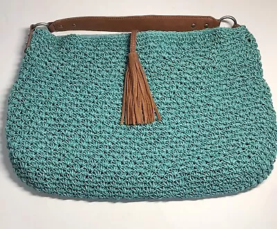 J Jill Blue Woven Paper Shell Hobo Shoulder Hand Bag Purse W/ Leather Trim • $19.99