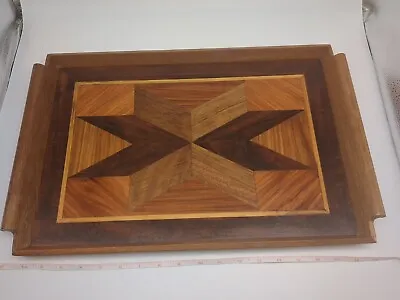 Hand Made Serving Tray Inlaid Wood Starburst Wooden W Handles Marquetry • $22.01