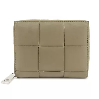 Auth BOTTEGA VENETA Maxi Intrecciato Leather Round Zipper Wallet Kahki Used F/S • $274.50