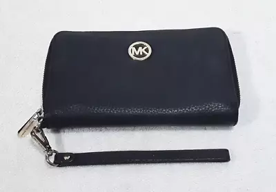 Michael Kors Wristlet Wallet Black Pebbled Leather Zip Around MK Logo Card ID • $19.95