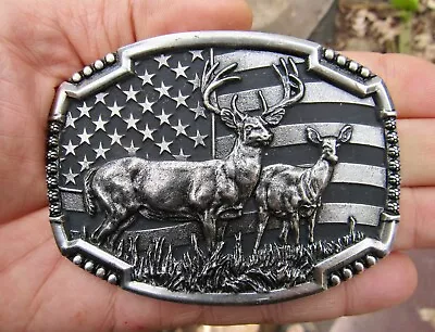 Vtg MULE DEER Belt Buckle ART Western Montana FLAG Silver RARE VG+ • $17.77