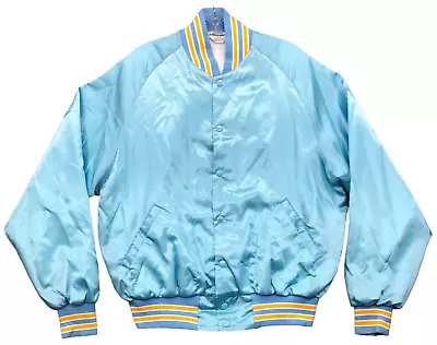 VTG Don Alleson Athletic Varsity Jacket Mens L Snap Buttons Lined Blue Satin USA • $55