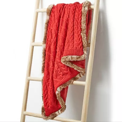 Martha Stewart Luxe Sweater Knit Faux Fur Throw Blanket Red/Brown 50  X 60  $130 • $71.99