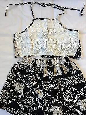 Zaful Matching Tie Halter Neck Lace White Top Shorts Stretch Waist Size UK 8 • £8