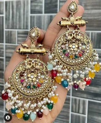 Indian Gold Plated Bollywood Style Kundan Chandbali Earrings Bridal Jewelry Set • $29.99