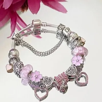 Silver Snake Chain Bracelet With Pink Love Heart Butterfly Charms • $14