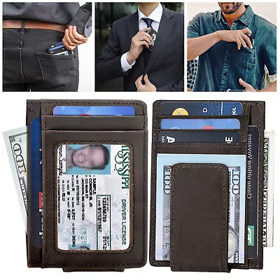 Mens Leather Magnetic Front Pocket Wallet Money Clip Slim ID Credit Card Holder • $12.48