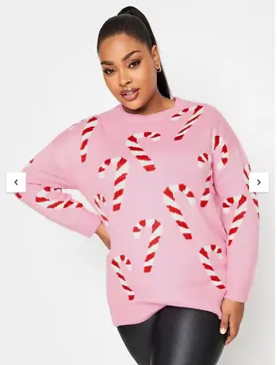 New Yours Curve Ladies Plus Size 18-20 Pink Candy Cane Christmas Jumper • £6.99