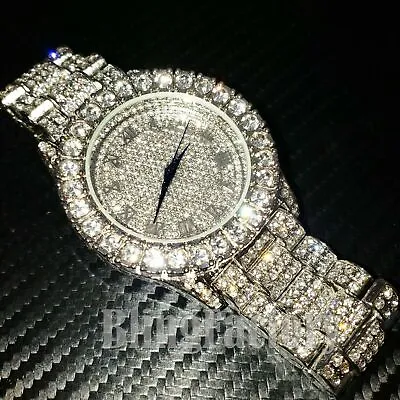 Men Hip Hop Style Iced Bling Silver PT Rapper's Lab Diamond Metal Band Icy Watch • $27.99