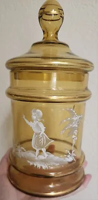 Vintage Amber Mary Gregory Girl White Painted Art Glass Jar Compote With Lid • $75