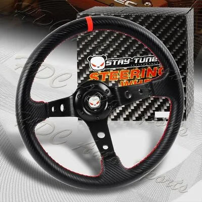 350MM Deep Dish Drift Style Red Stitch Carbon PVC Leather 6 Hole Steering Wheel • $42.99