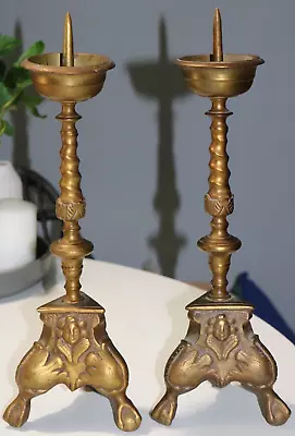 Vintage Brass Pillar Candle Stick Holders Claw Feet Faces - Altar Floor Mantle • $150