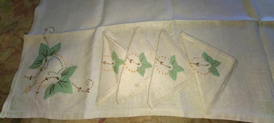 $12 • Buy Vtge Embroidered/Applique Linen Tablecloth With 4 Napkins Set 30  X 32  Excellen