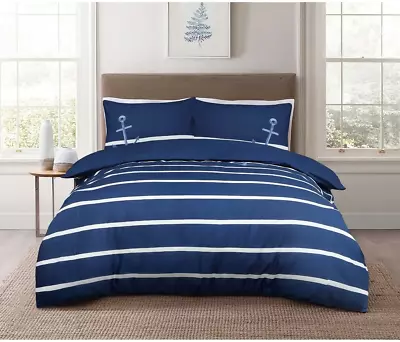 Sleepdown Sailor Striped Nautical Blue 100% Cotton Plain Reverse Duvet Cover Set • £24.73